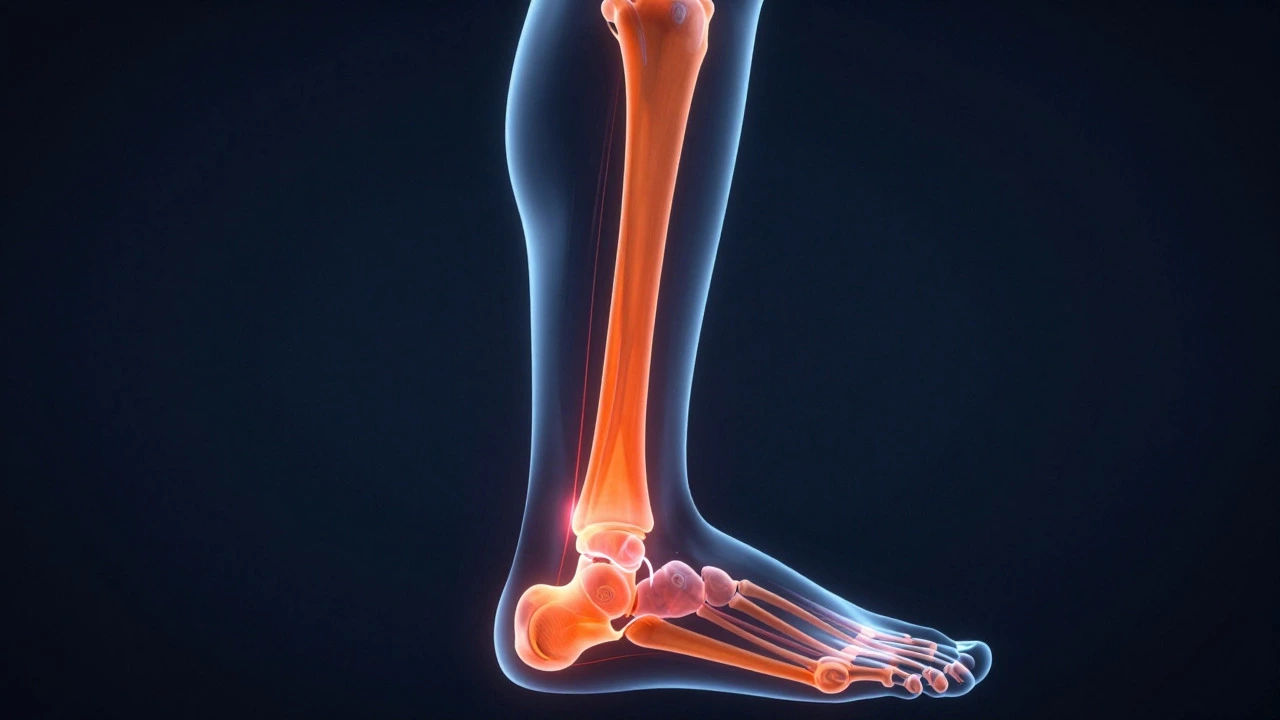 Anatomical illustration highlighting shin and tendon inflammation
