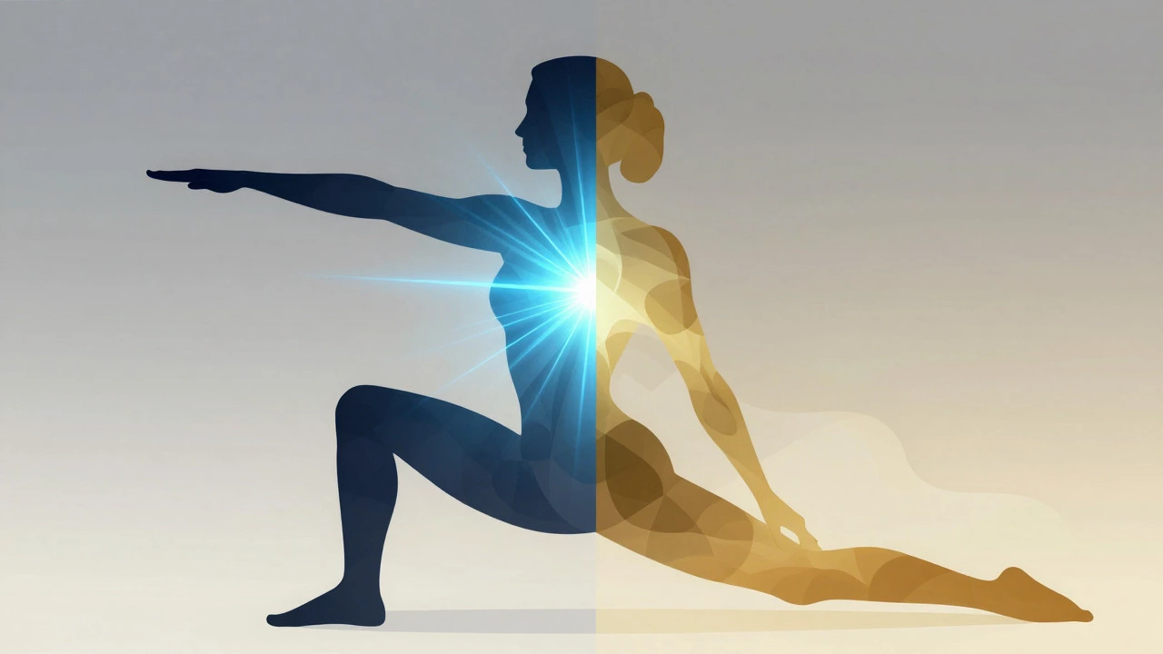 Artistic illustration contrasting structured Pilates core strength with flowing Yoga flexibility