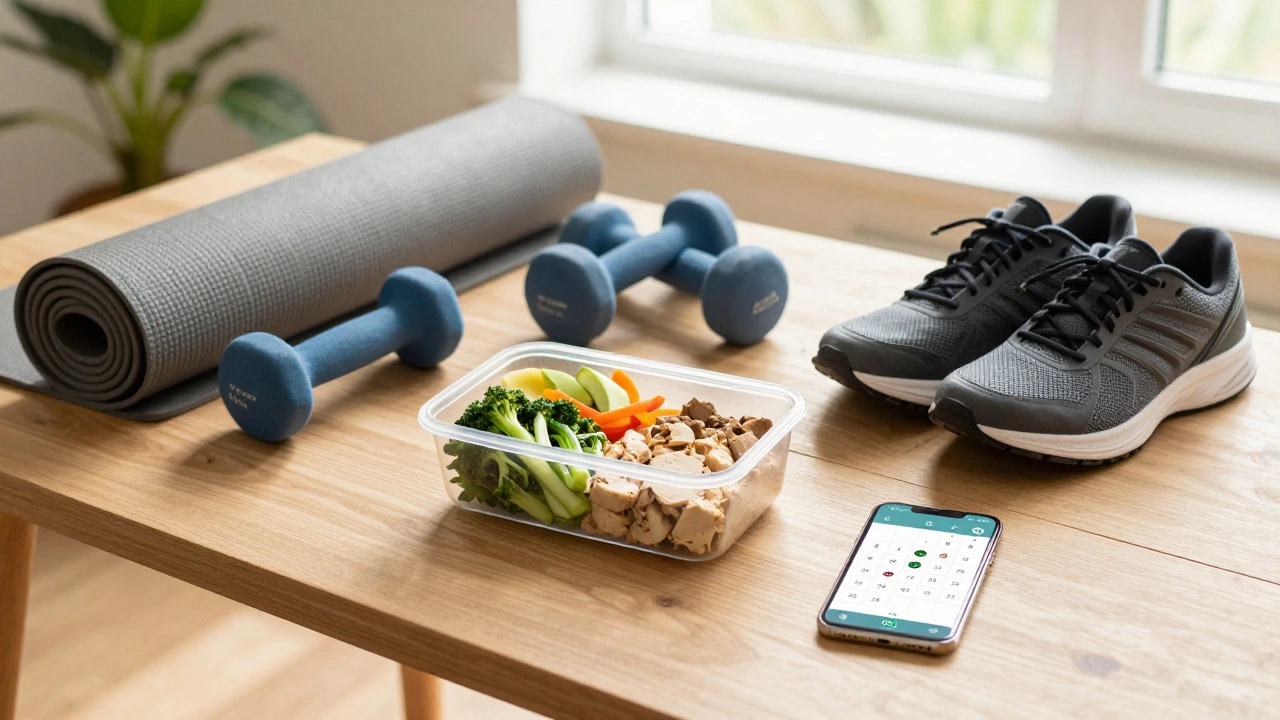 Balanced fitness items including yoga mat, weights, and food
