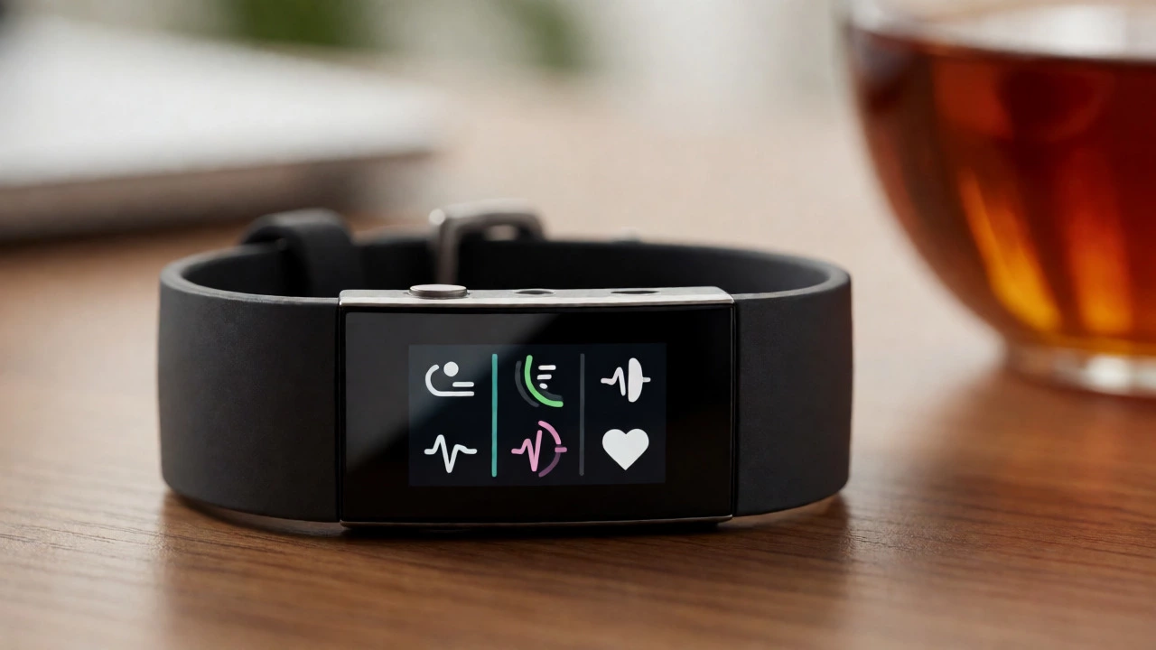 Close-up of a Fitbit displaying simple health metrics on a desk, emphasizing minimalist design.