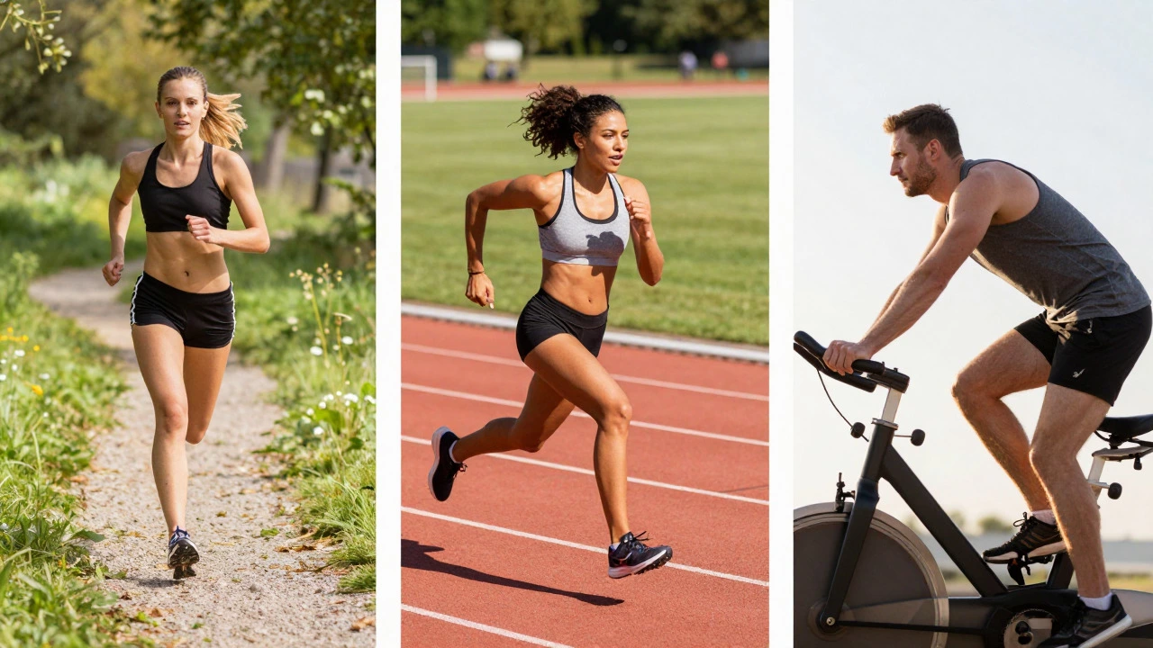 Collage of jogging, sprinting, and cycling representing balanced training