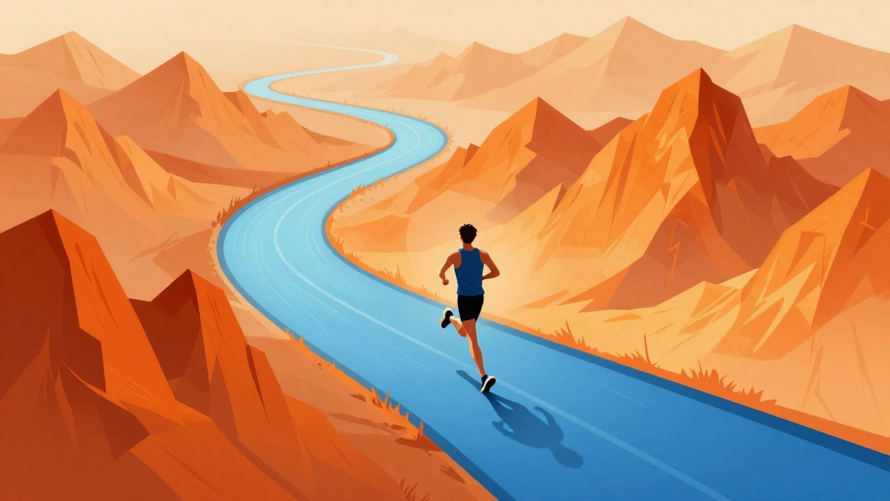 Conceptual art showing a runner balancing easy and intense training phases