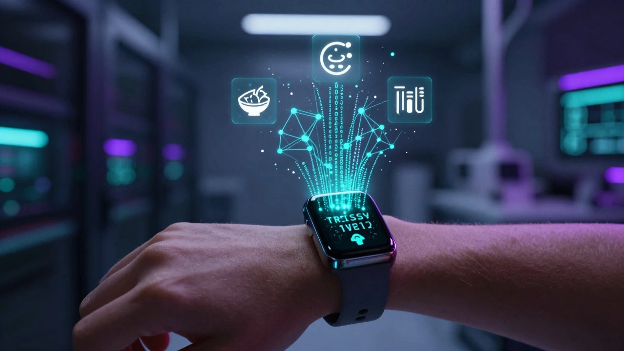 Fitness tracker transforming into digital AI code and neural networks