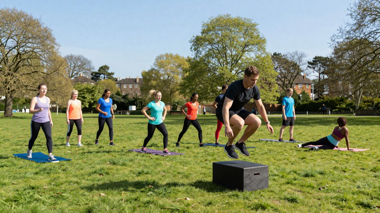 Group of people performing various exercises like jumping, jogging, and yoga in a park