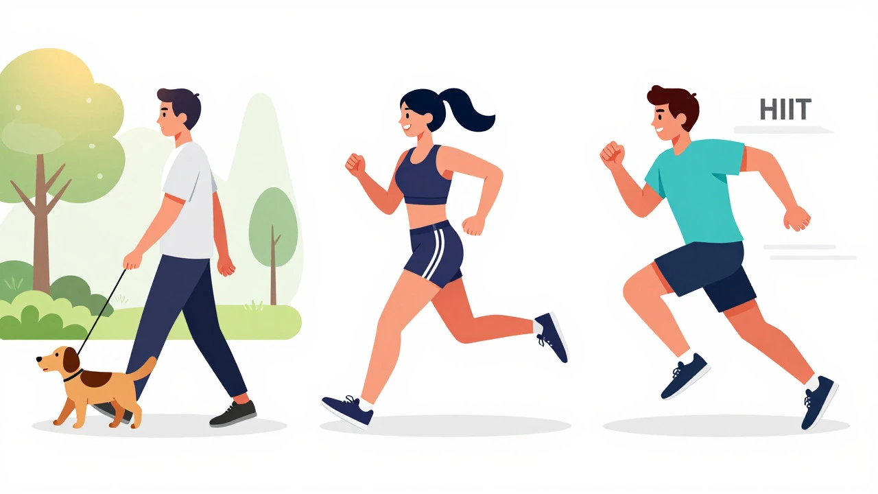 Illustration comparing low, moderate, and high-intensity cardio