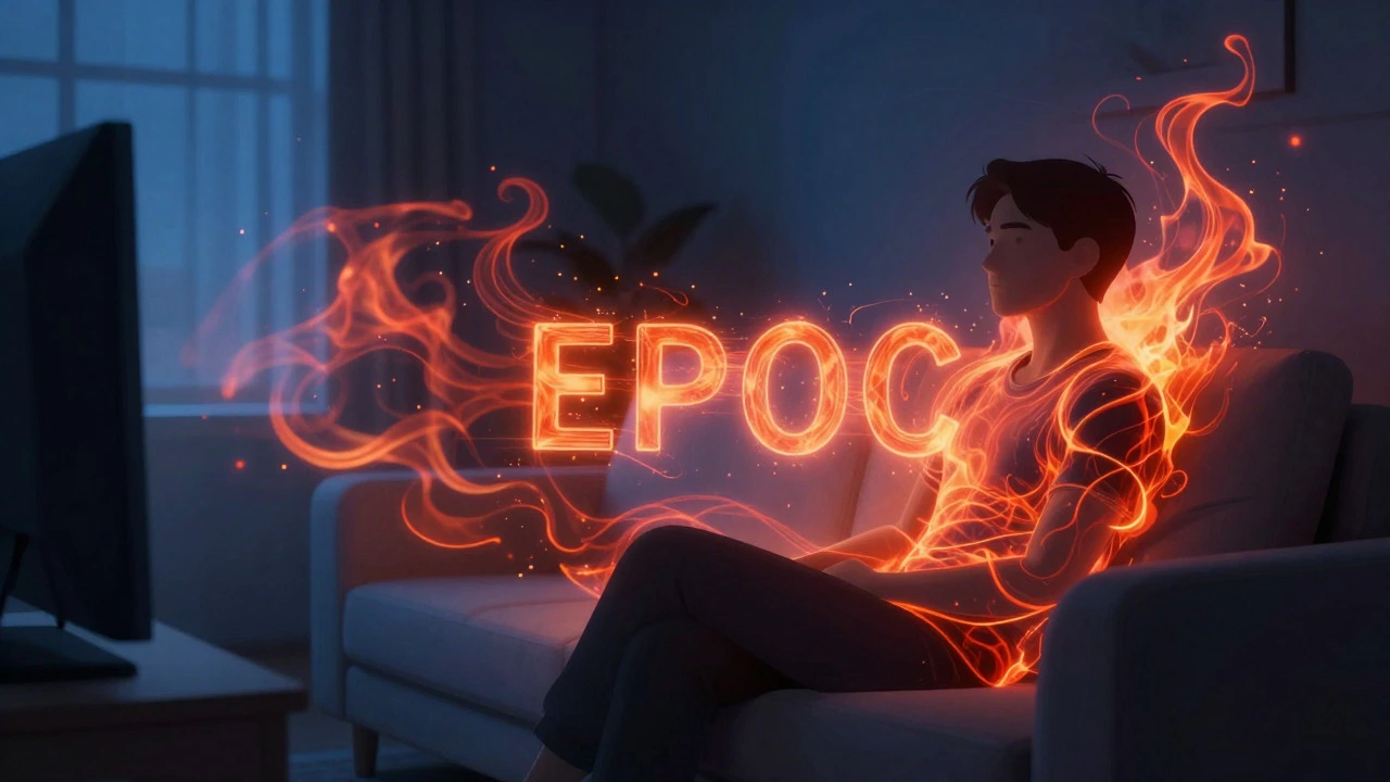Illustration of a person relaxing while glowing energy represents post-exercise calorie burn