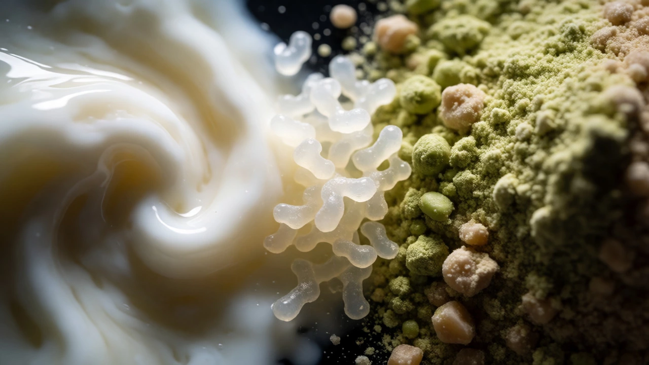 Macro view of whey liquid, plant powder, and collagen textures