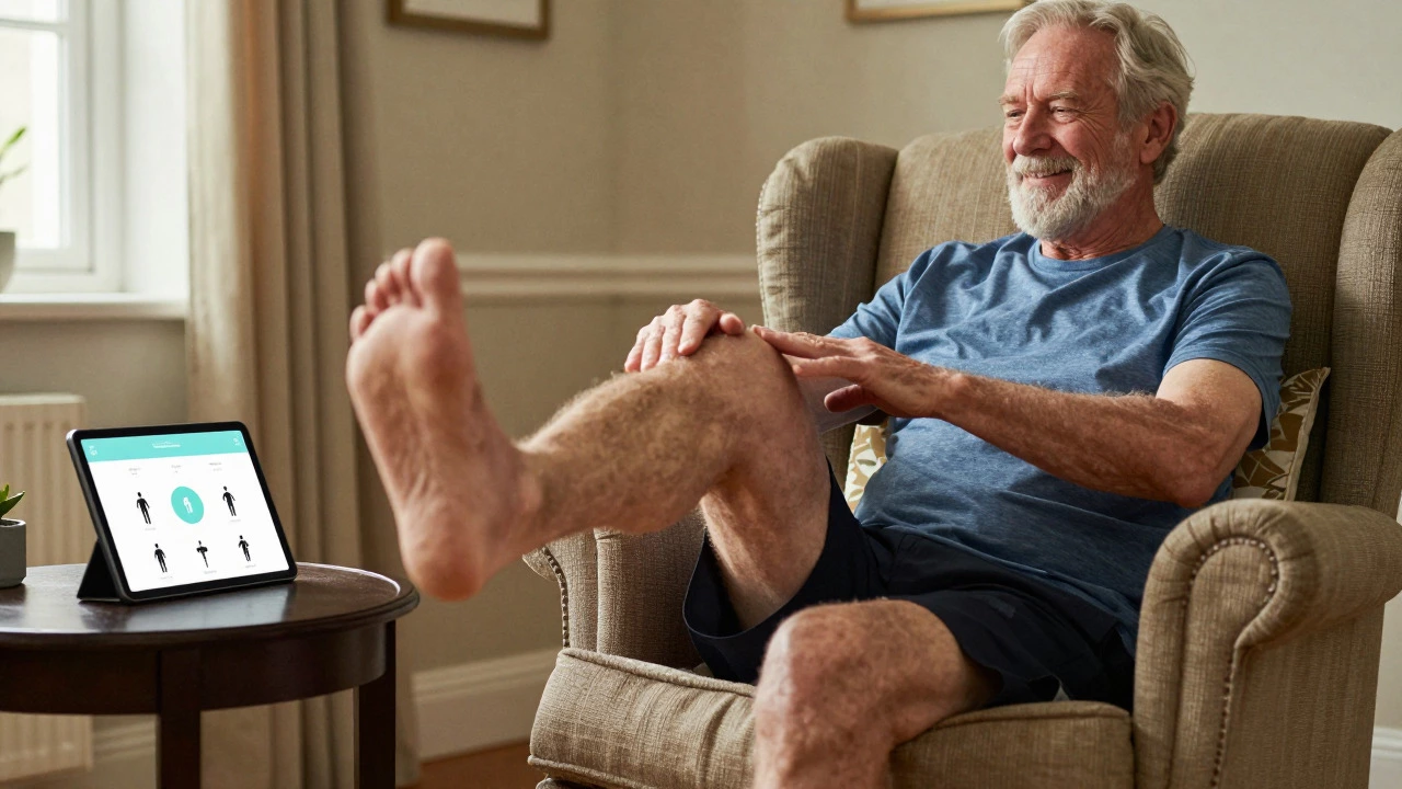 Older man doing seated marches at home with fitness app nearby