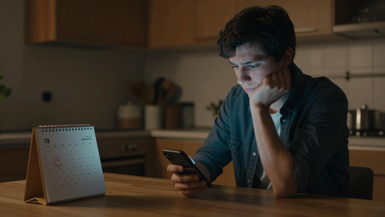 Person at a kitchen table considering a subscription upgrade with a credit card and phone