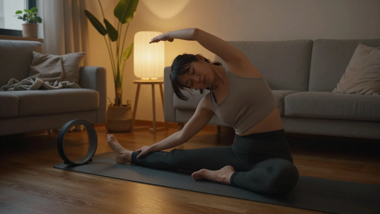 Person meditating on a yoga mat in a cozy living room with a Pilates ring nearby