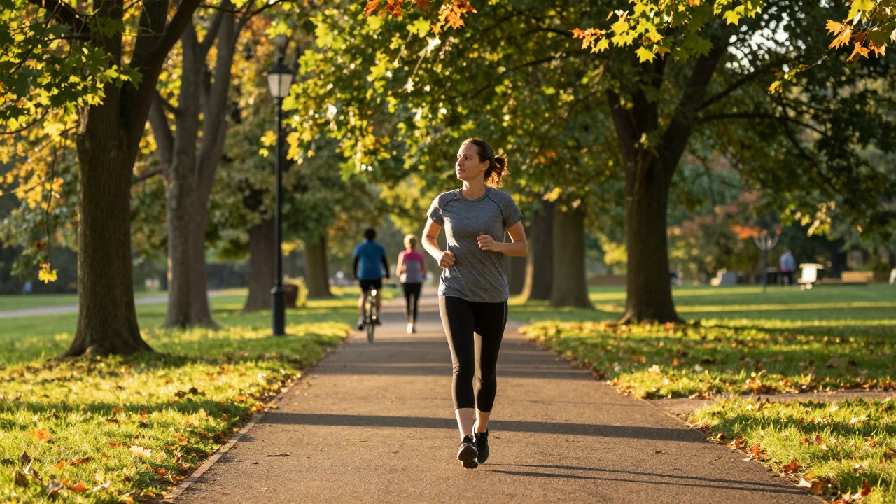 Person walking briskly on a tree-lined park path during sunset