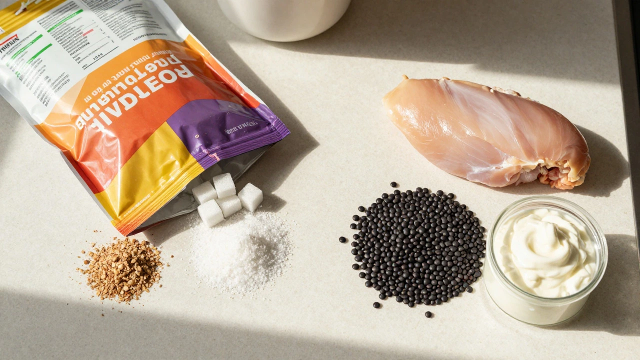 Protein powder bag next to fresh whole food ingredients