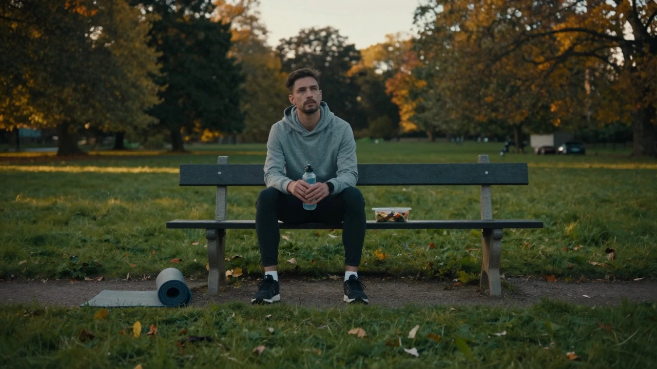 Runner resting in a park with recovery items nearby during sunset