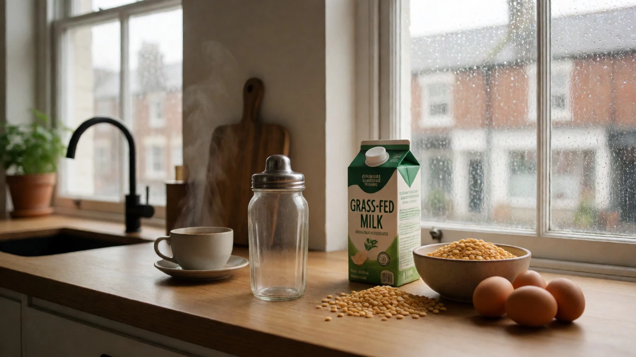 Shaker bottle with milk, peas, and eggs on a kitchen counter