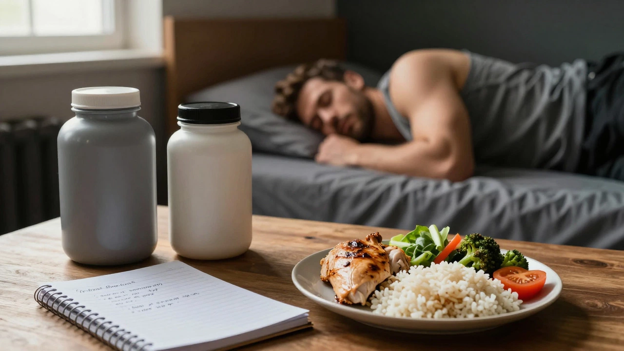 Workout log, healthy meal, and sleeping person showing fitness pillars