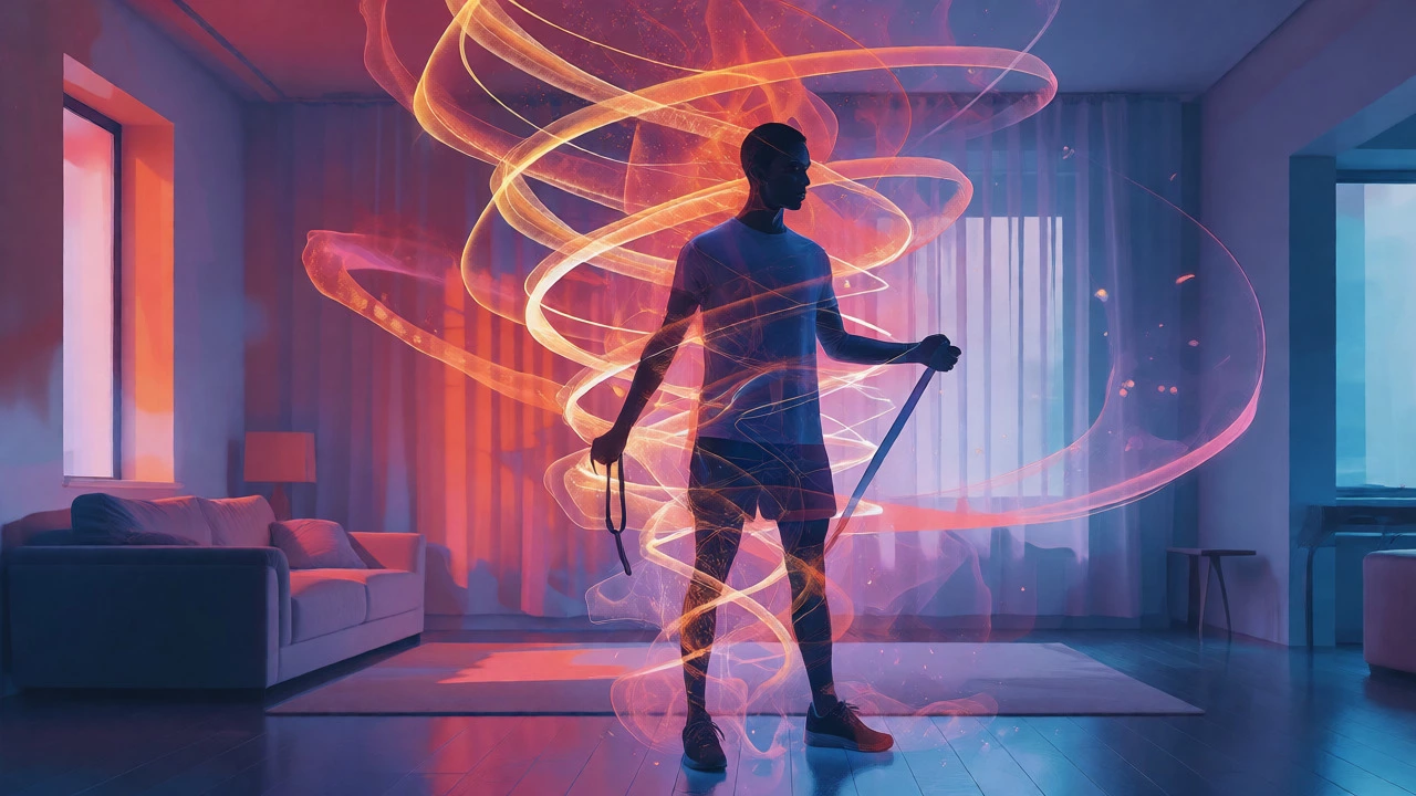 Abstract visualization of a fitness routine with descending energy patterns