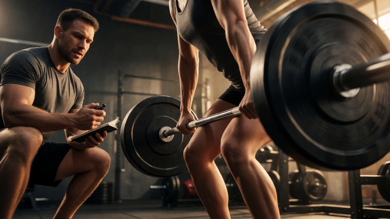 Athlete lifting heavy weights intensely while a trainer monitors progress