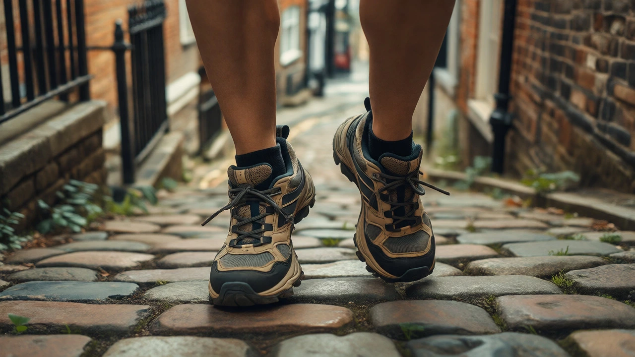Close-up of walking shoes on cobblestones