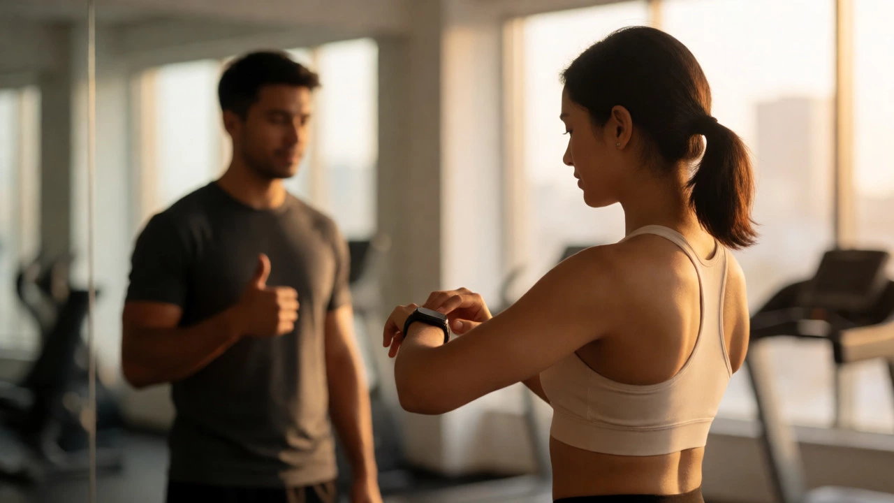 Confident gym-goer exercising independently with trainer in background