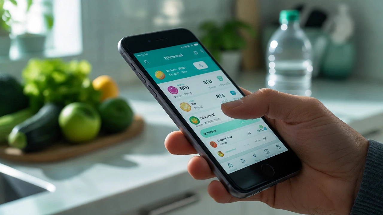 Hand holding phone displaying nutrition tracking app near fresh healthy food