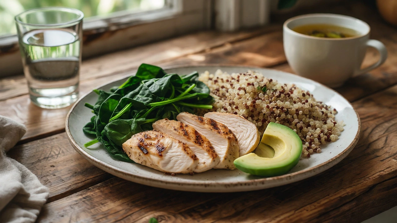 Healthy meal with chicken, quinoa, greens, and green tea