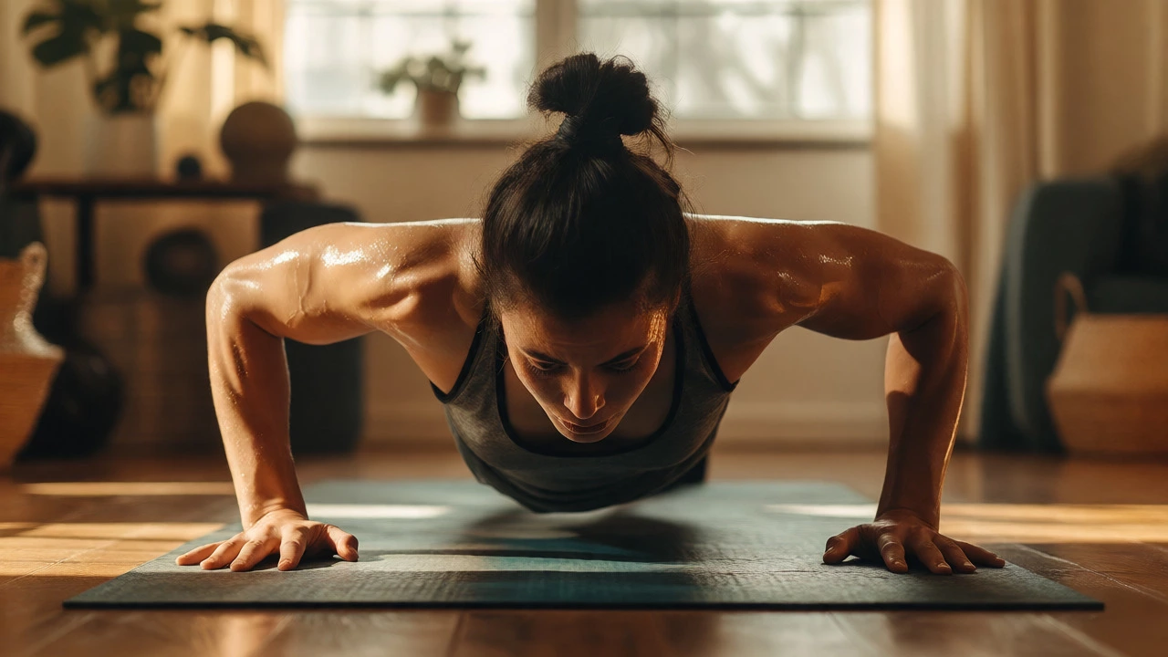 Individual doing push-ups with intense focus on a yoga mat