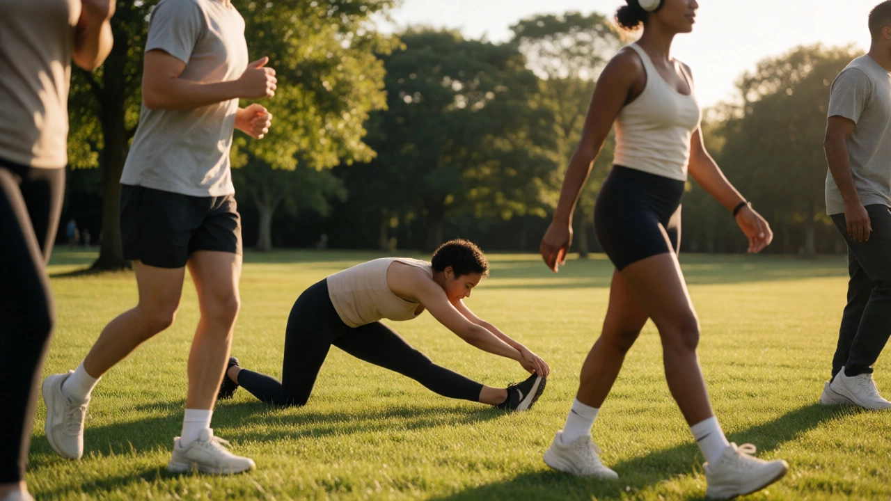 People engaging in varied gentle activities in a sunny park