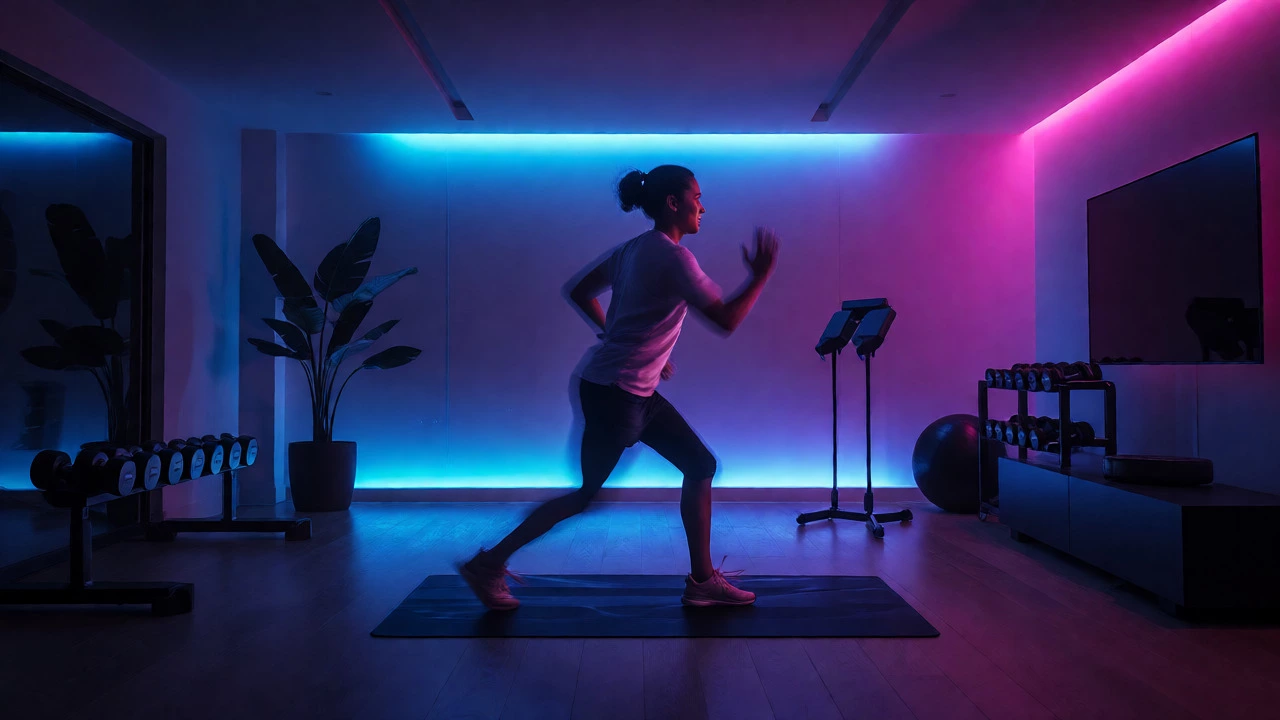 Person doing a guided home workout in a dimly lit room with ambient lighting