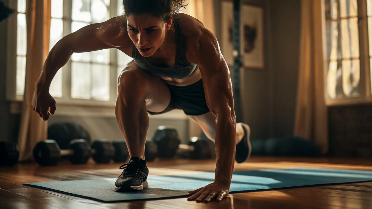 Person performing intense exercise at home during a HIIT workout session