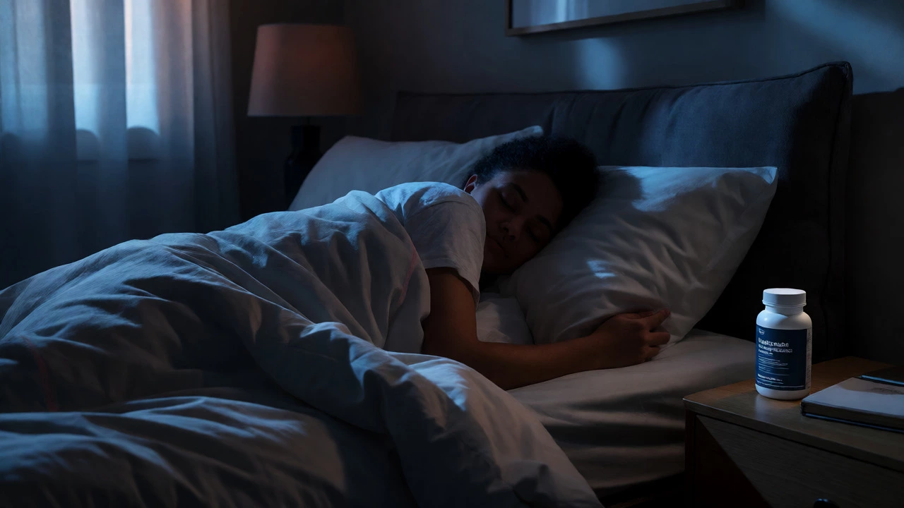 Person sleeping peacefully in a dim, calm bedroom