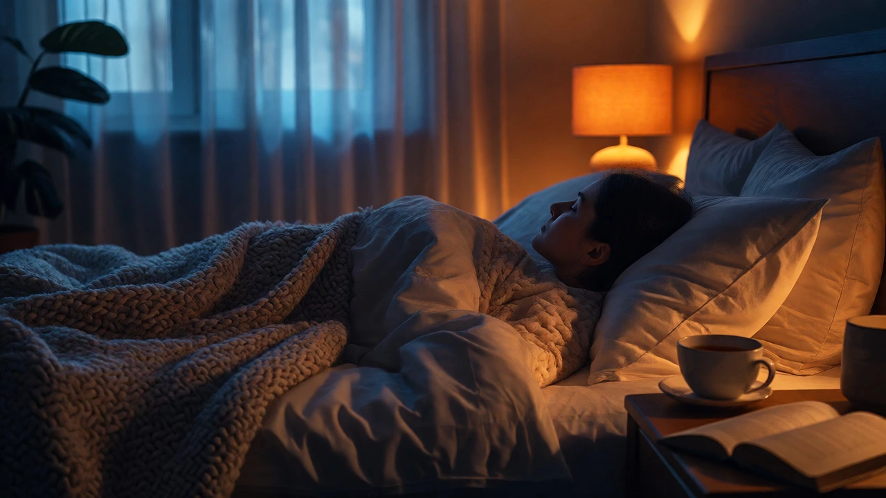 Person sleeping peacefully in a dimly lit bedroom with warm ambient lighting