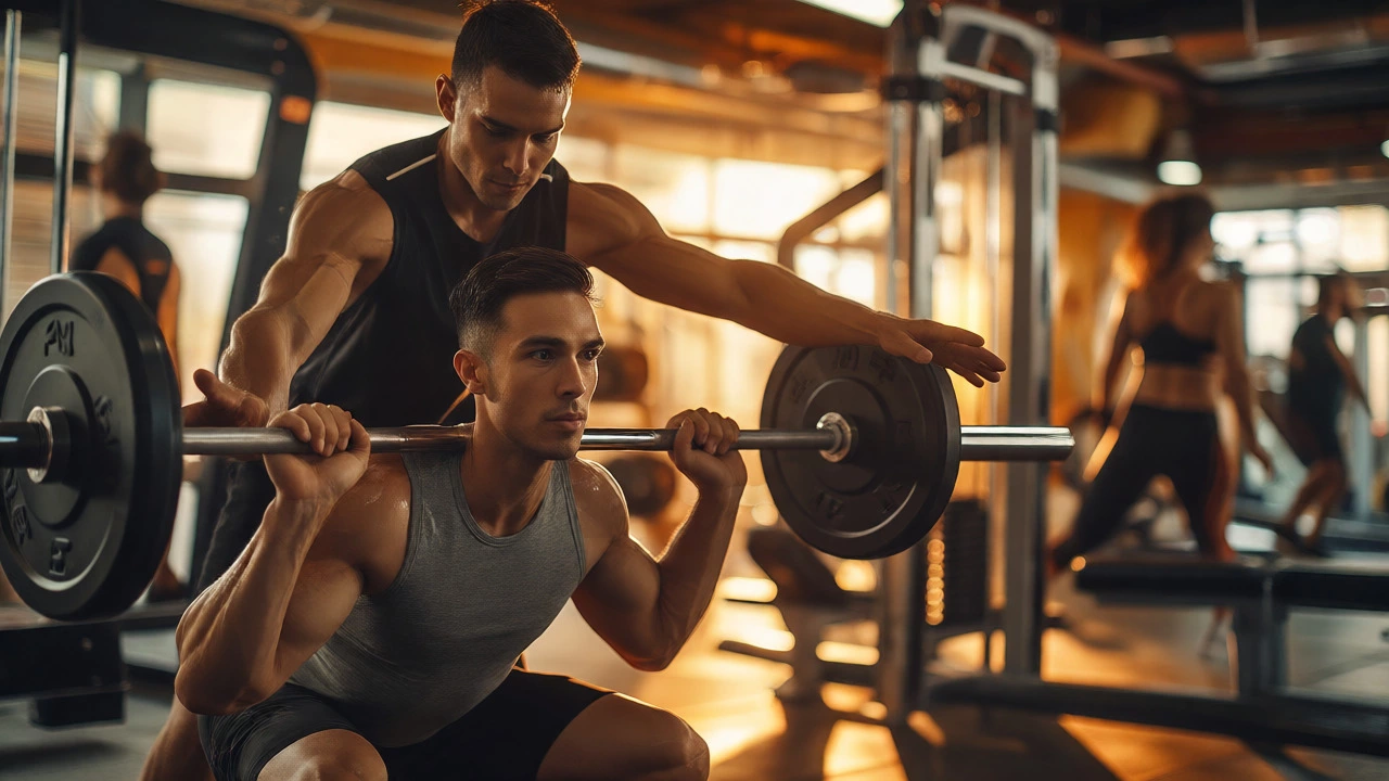 Personal trainer spotting client during barbell squat