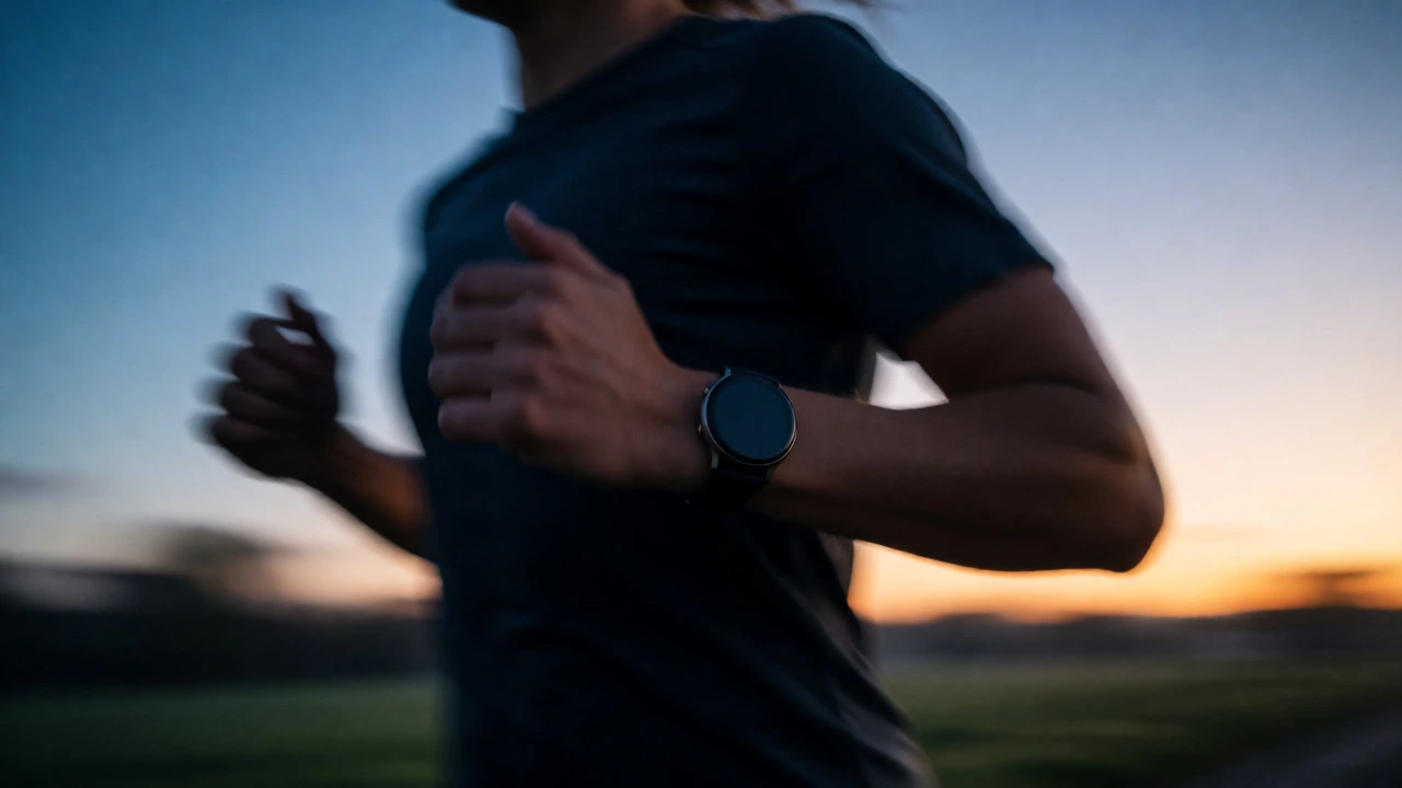 Runner exercising with a smartwatch and chest strap monitor at dawn