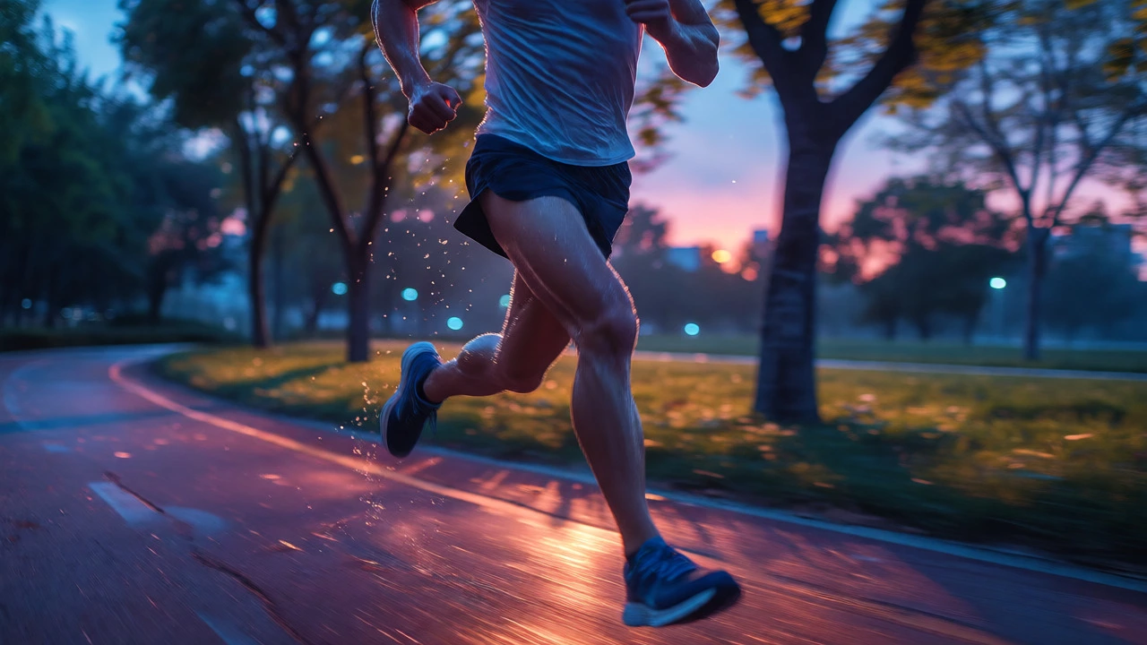 Runner sprinting on a trail at dawn, illustrating improved speed and muscle efficiency.