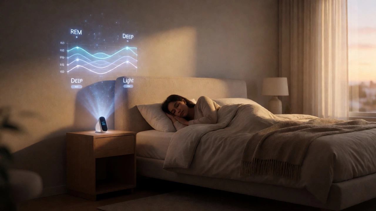 Sleeping person with holographic sleep stage data projected from a device