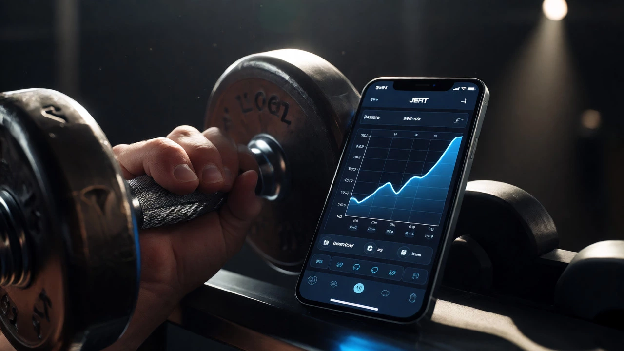 Smartphone displaying a progress graph next to a dumbbell during a weightlifting session.