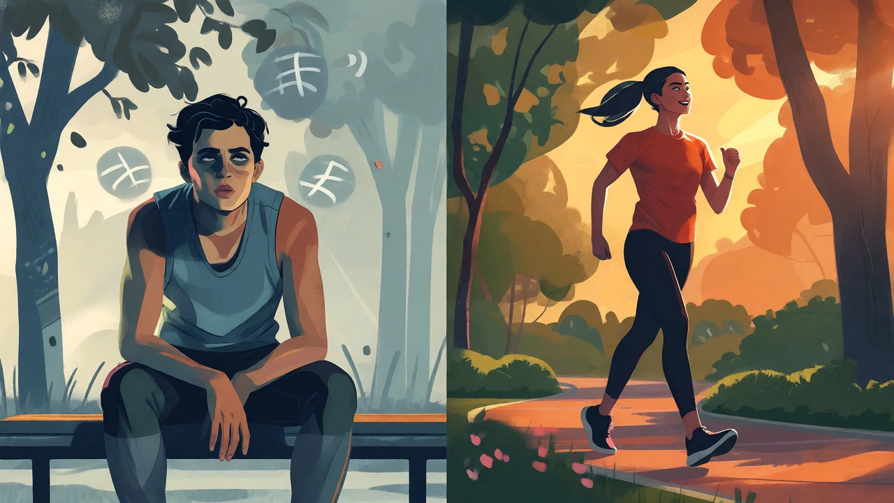 Split view comparing exhaustion from overtraining vs. healthy walking