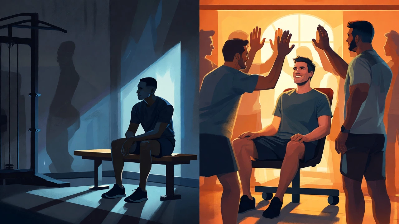 Split view comparing solo gym stagnation vs coached progress
