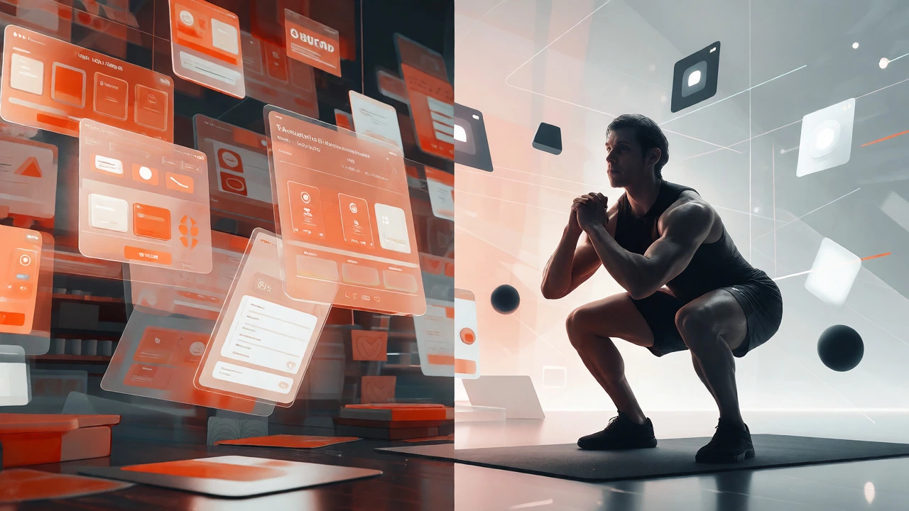 Split view contrasting chaotic app interfaces with a focused athlete using a streamlined fitness app.