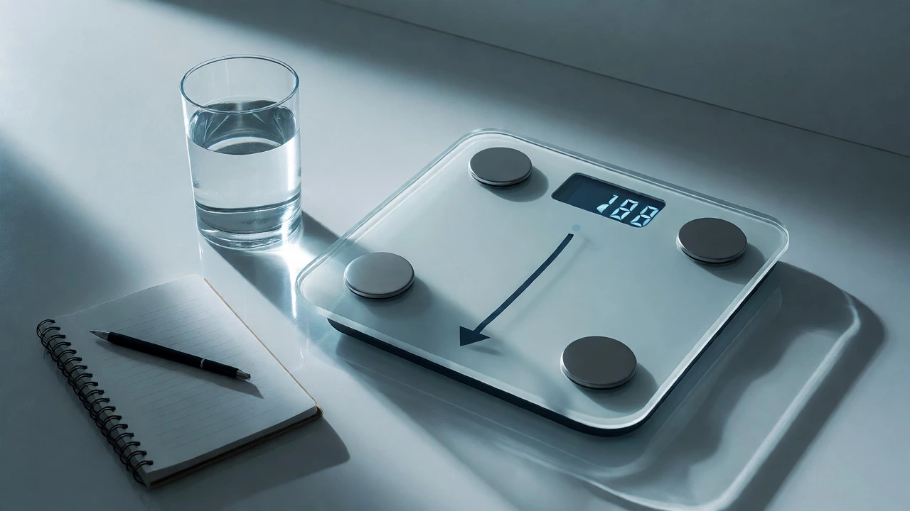 A bathroom scale and notebook on a counter, symbolizing consistent weight tracking and progress.