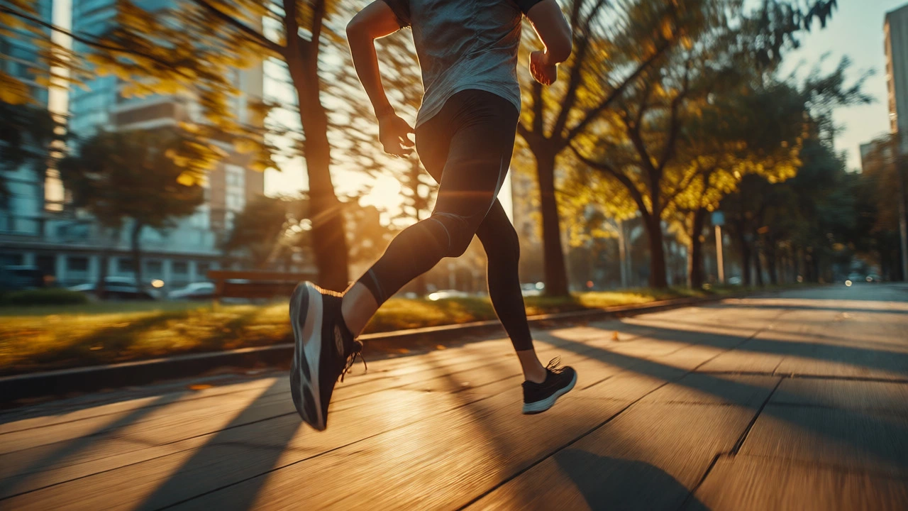 A person jogging in a park at sunset, representing exercise as part of a calorie deficit.