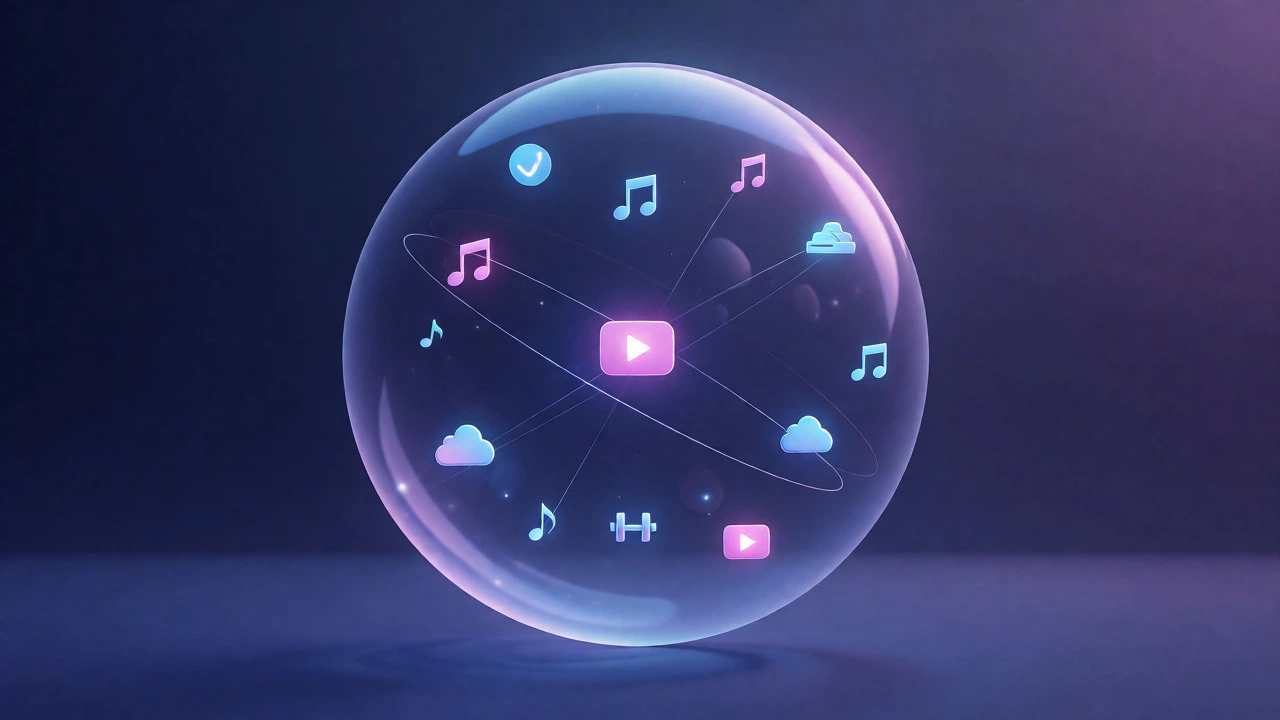 Abstract conceptual art of interconnected Apple service icons in a glowing sphere.