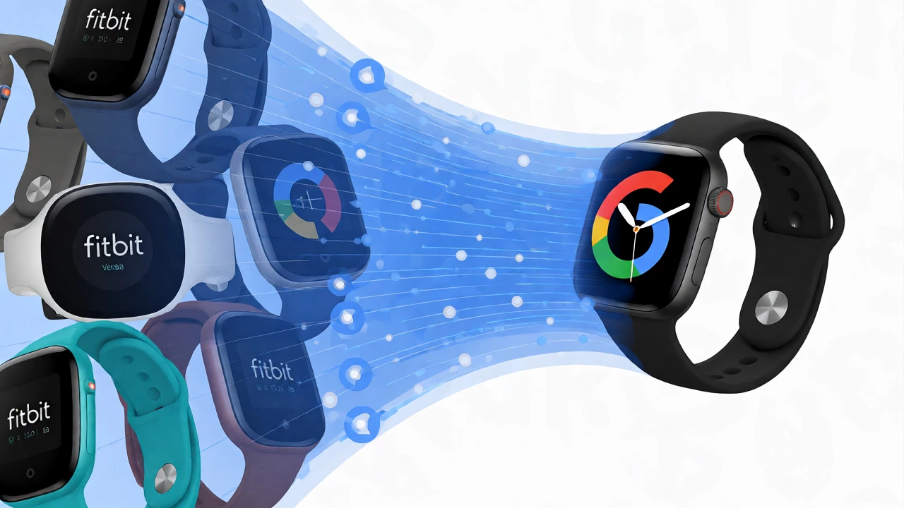 Abstract digital art showing Fitbit devices merging into a Pixel Watch