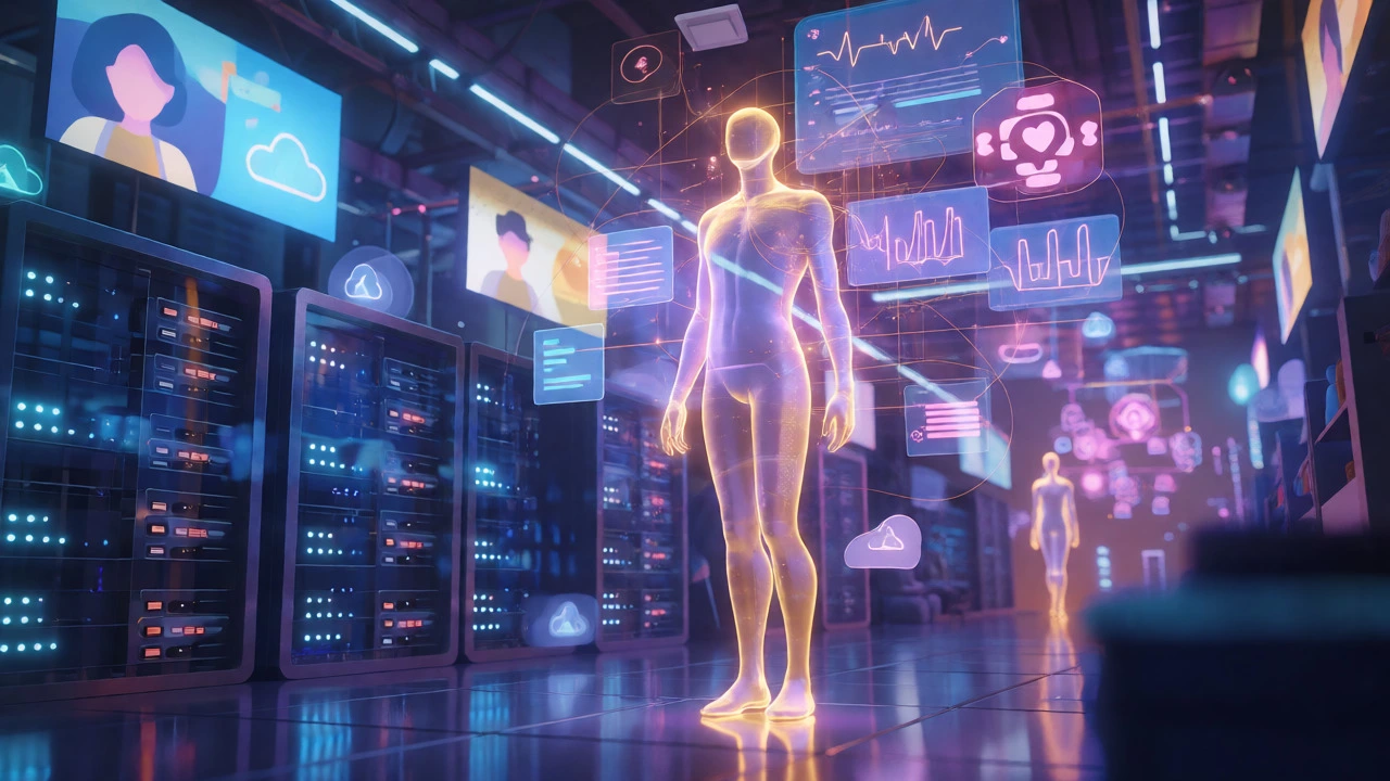 Abstract visualization of AI data streams, servers, and marketing surrounding a user silhouette.