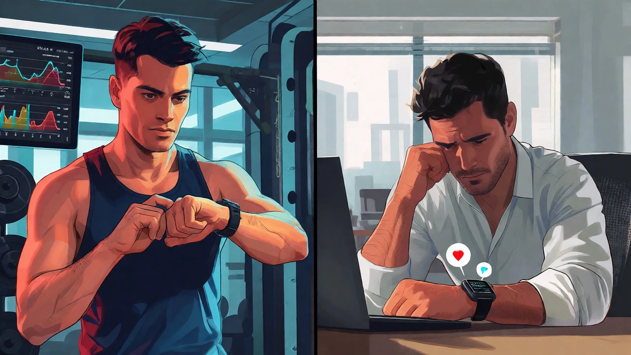 Athlete checking smartwatch vs stressed office worker with wearable