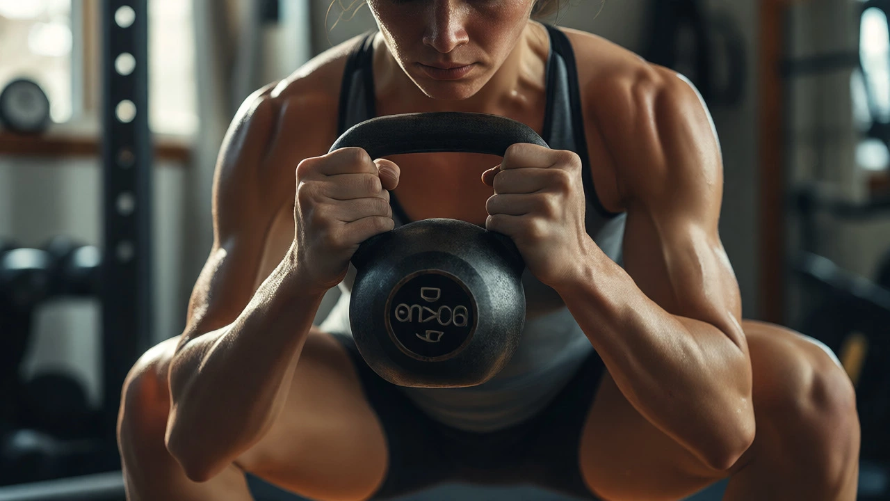 Athlete executing a heavy goblet squat with a kettlebell in a home gym setting.