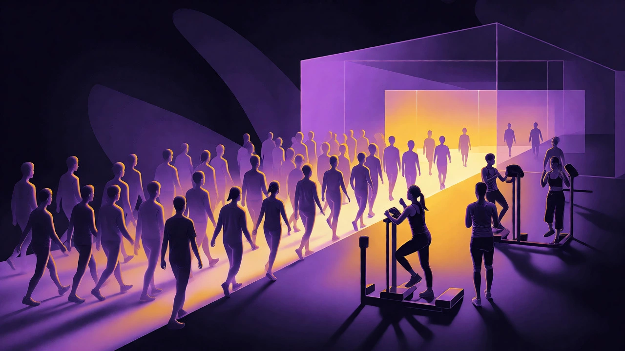 Conceptual art depicting ghostly figures leaving a gym, symbolizing unused memberships.