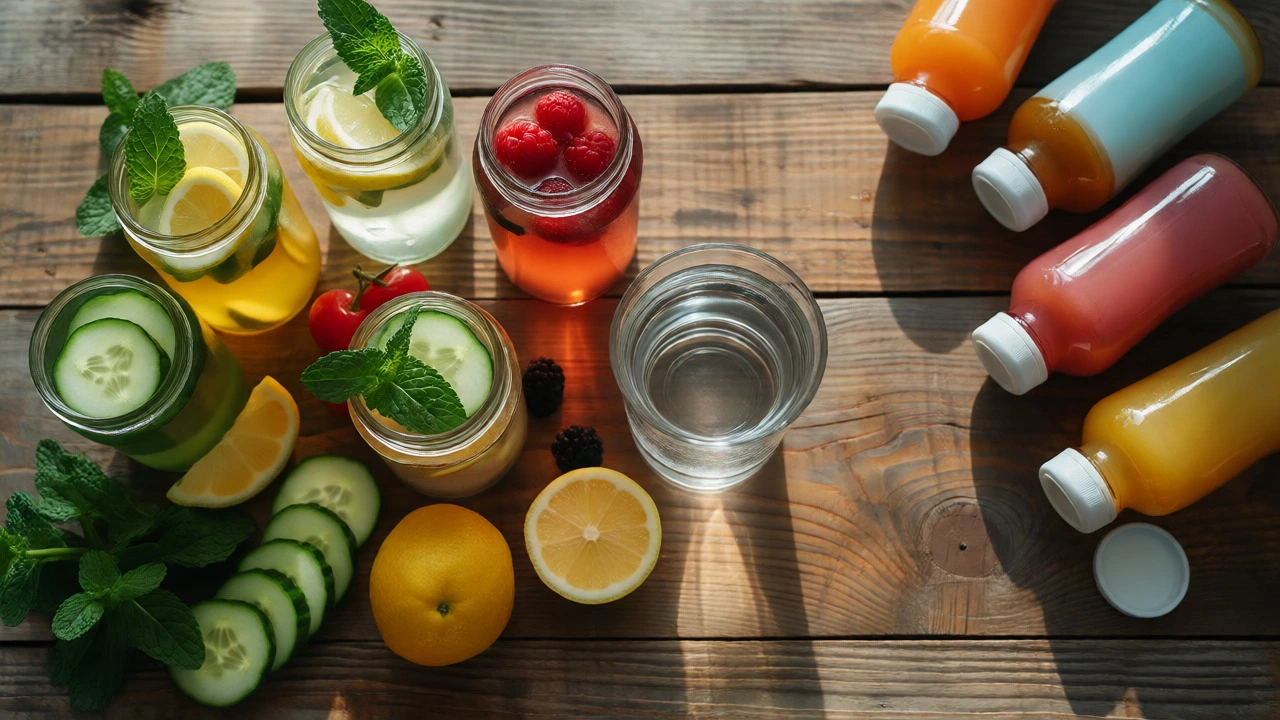 Flat lay of infused water jars and fresh ingredients next to plain water