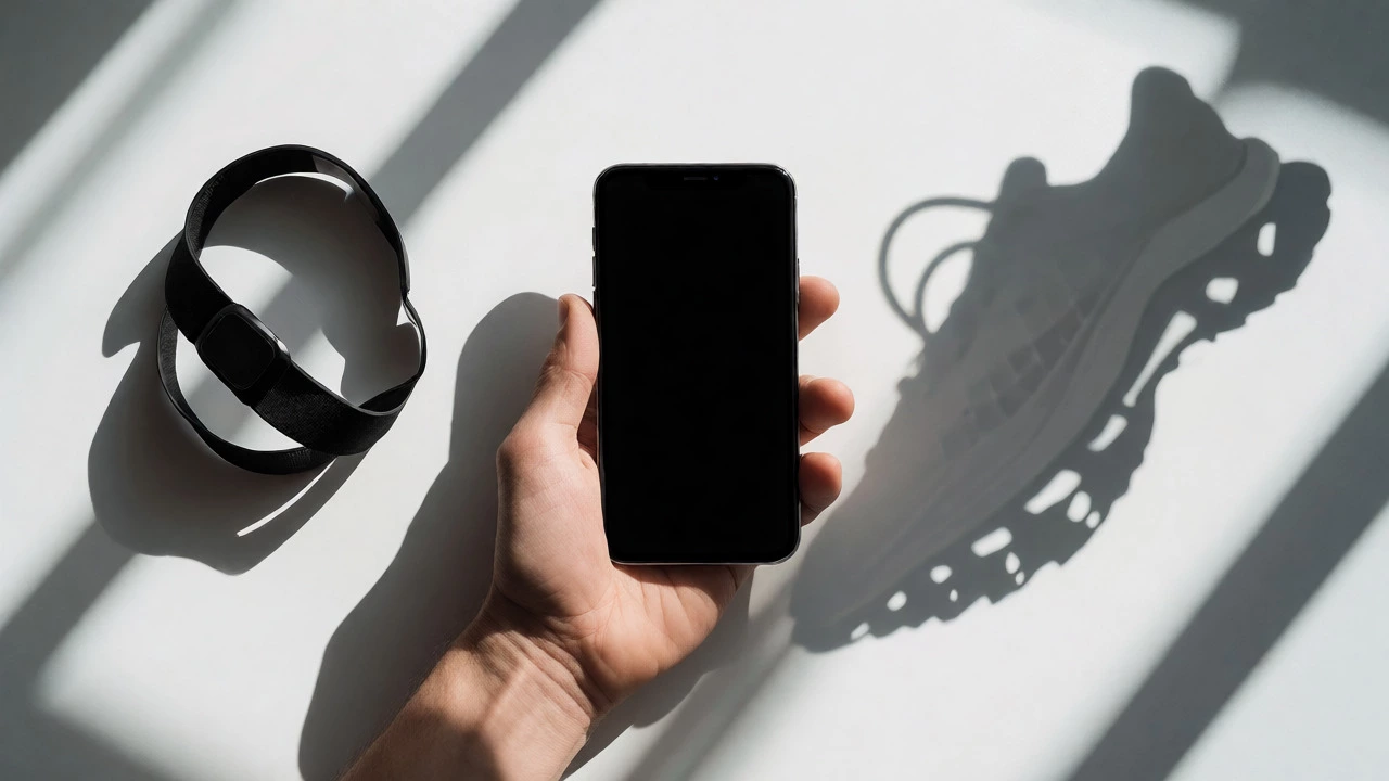 Hand holding smartphone next to discarded fitness band