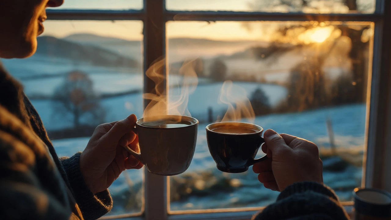 Hands holding green tea and black coffee cups near a window at dawn